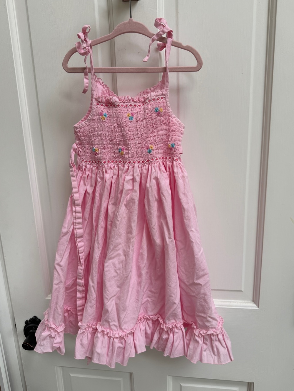 VINTAGE Chocolate Soup Girls 4 Pink Smocked Sundress with Floral Embroidery